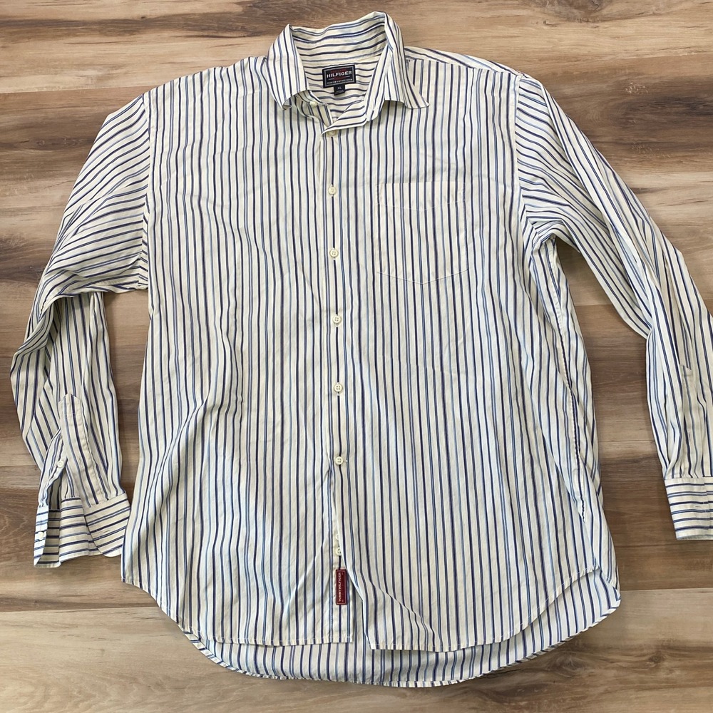 Tommy Hilfiger Red Label Shirt XL Striped Button Down Cotton Blue White Vintage